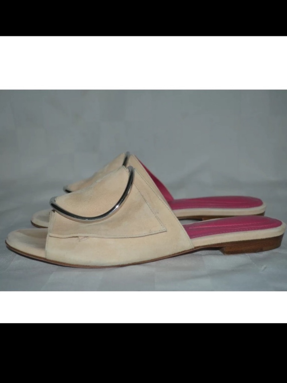 Sz 37 6.5 Oscar Tiye Beige Nude Suede Sade Silver Ring Flats Slides